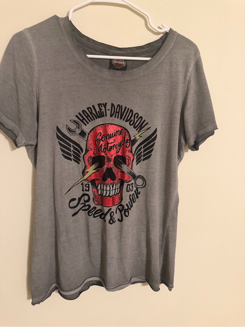 Harley-Davidson Gray Short Sleeve Tee with Red Skull Graphic